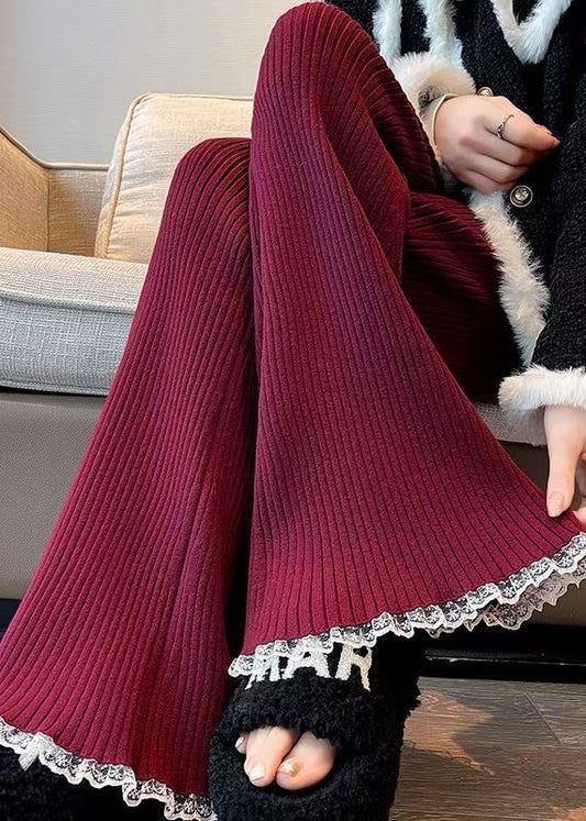 Pantalon évasé en tricot patchwork avec cordon de serrage et dentelle rouge, tendance, printemps TN028