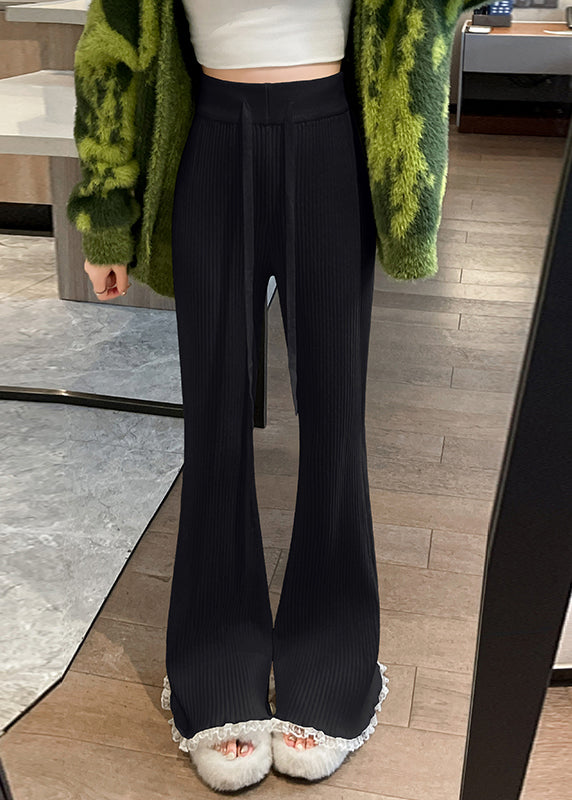 Pantalon évasé en tricot patchwork avec cordon de serrage et dentelle rouge, tendance, printemps TN028