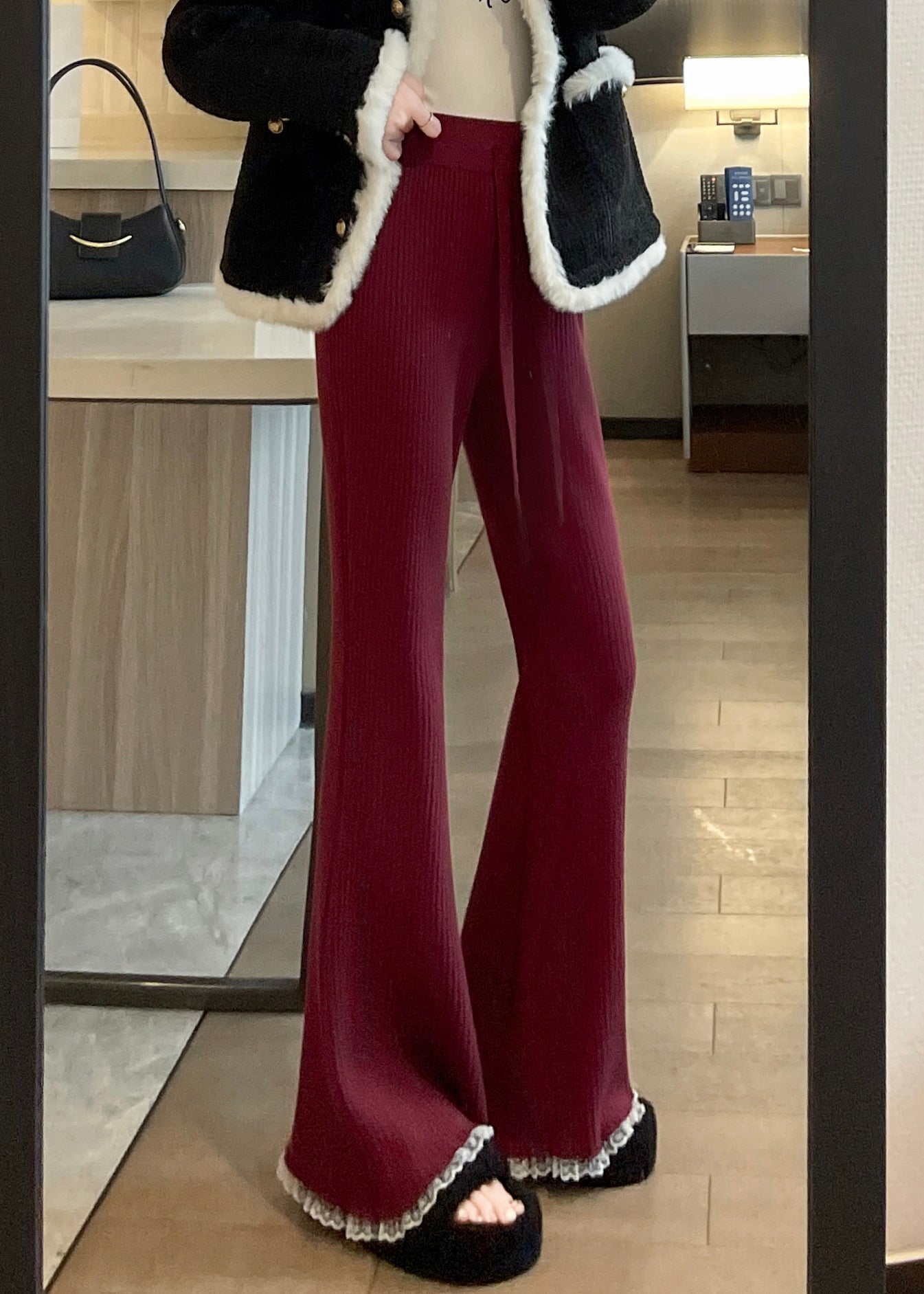 Pantalon évasé en tricot patchwork avec cordon de serrage et dentelle rouge, tendance, printemps TN028