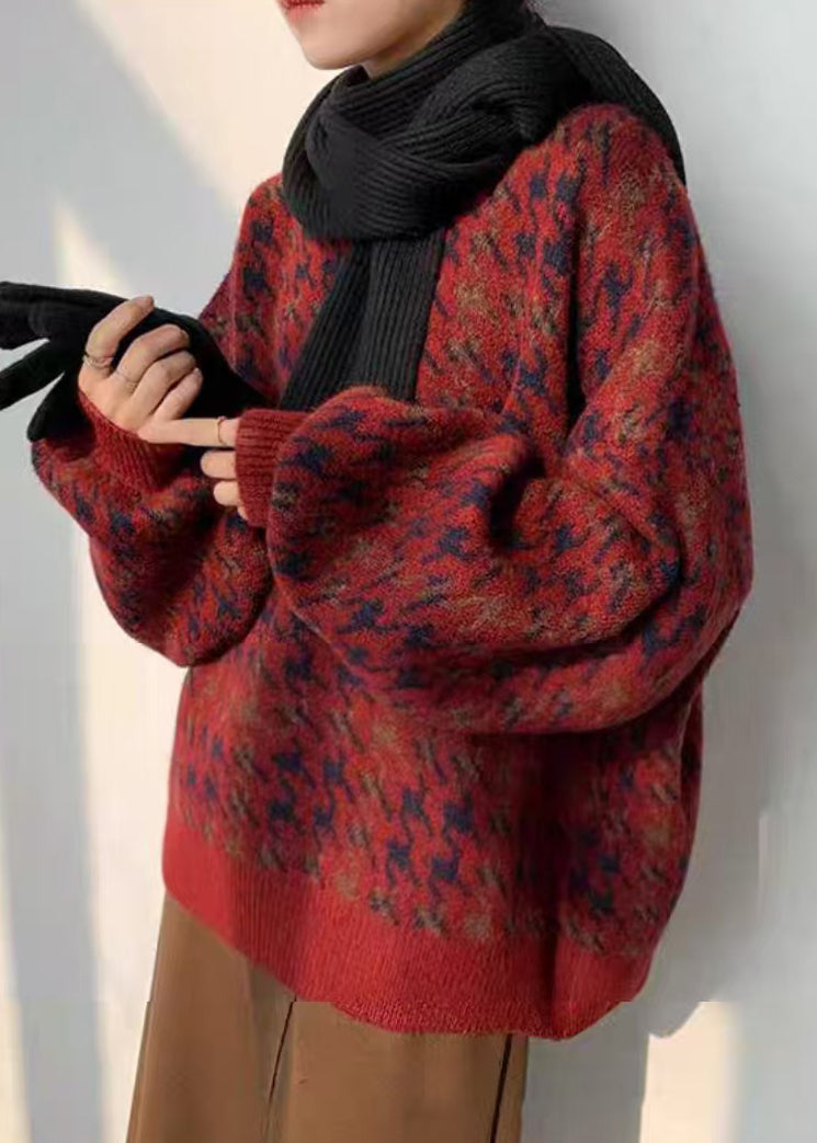Mode Rot O Neck Print Lose Stricken Pullover Frühling TD033