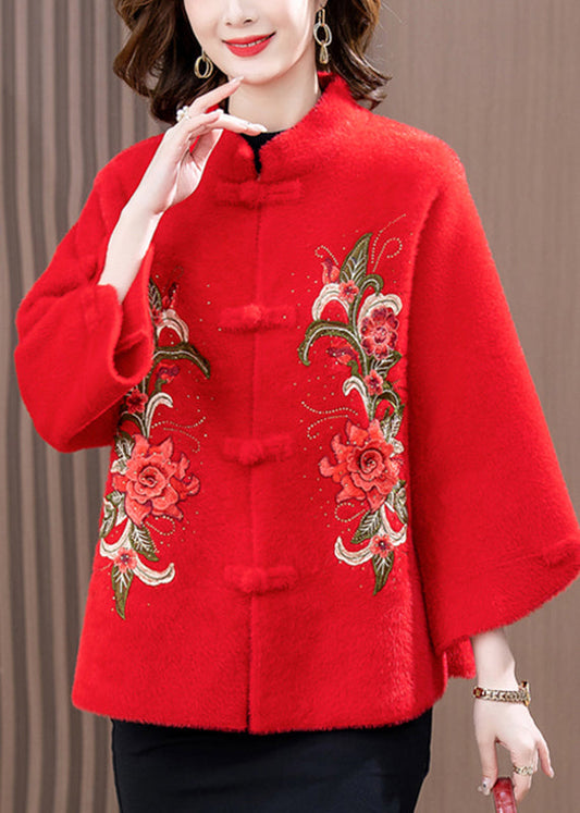 Mode Rot Print Patchwork Nerz Samt Wollmantel Frühling TA022