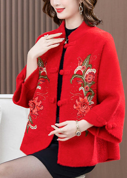 Mode Rot Print Patchwork Nerz Samt Wollmantel Frühling TA022