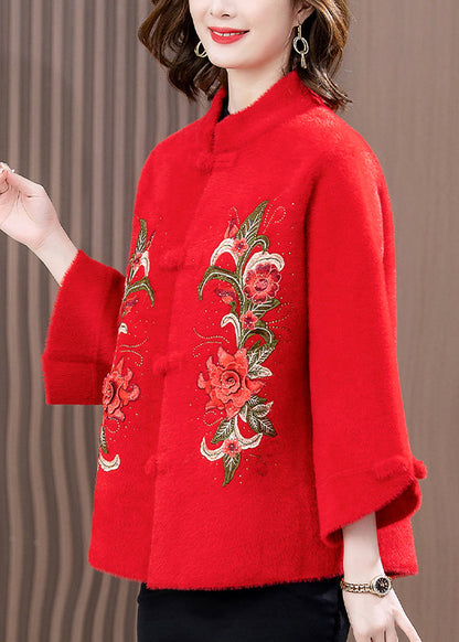 Mode Rot Print Patchwork Nerz Samt Wollmantel Frühling TA022