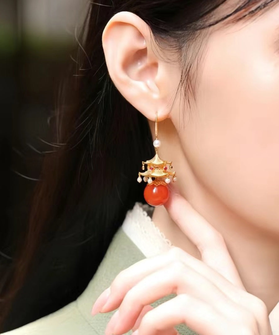 Fashion Red Sterling Silver Overgild Agate Pearl Pavilion Drop Earrings GH1080