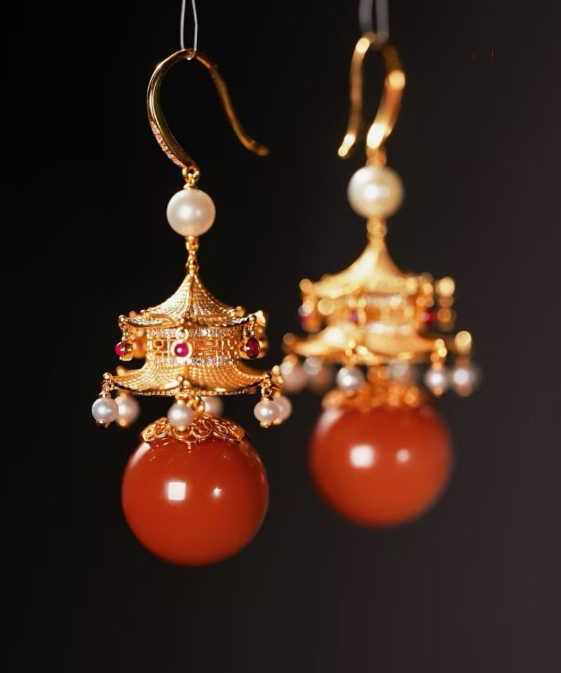 Fashion Red Sterling Silver Overgild Agate Pearl Pavilion Drop Earrings GH1080