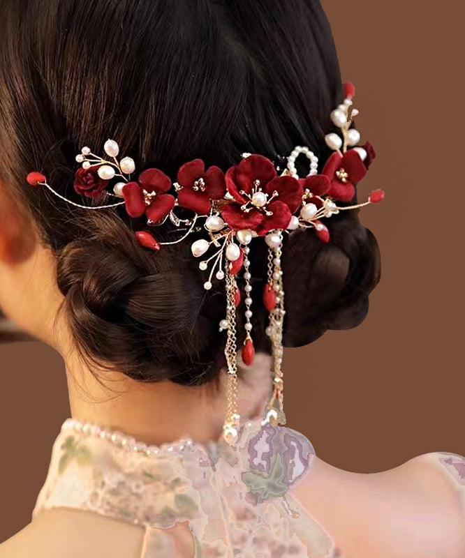 Fashion Red Sterling Silver Overgild Pearl Floral Tassel Hairpin QD039