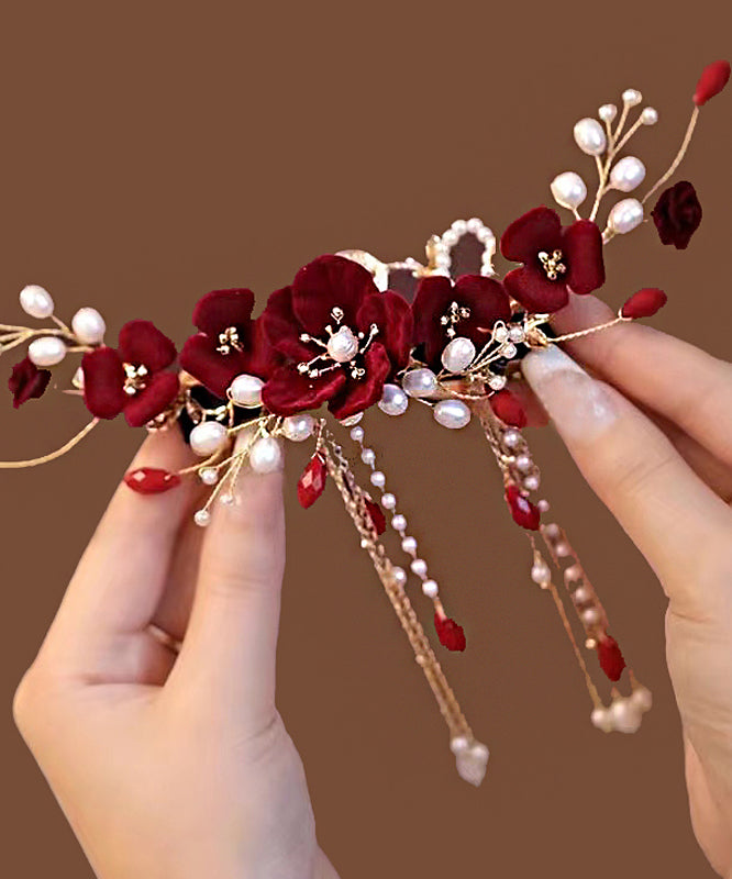 Fashion Red Sterling Silver Overgild Pearl Floral Tassel Hairpin QD039