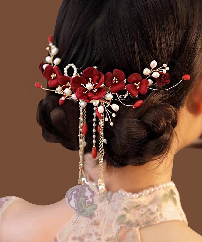 Fashion Red Sterling Silver Overgild Pearl Floral Tassel Hairpin QD039