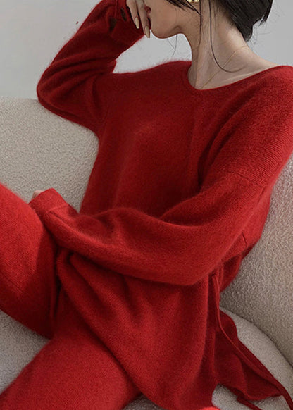 Ensemble 2 pièces en tricot avec pull et pantalon rouges tendance pour l'automne WO031