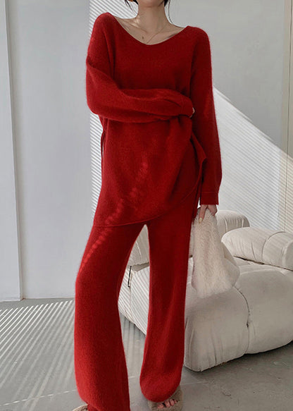 Ensemble 2 pièces en tricot avec pull et pantalon rouges tendance pour l'automne WO031