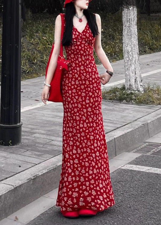 Ärmelloses, modisches Maxikleid mit V-Ausschnitt in Rot