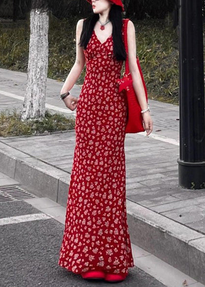 Ärmelloses, modisches Maxikleid mit V-Ausschnitt in Rot