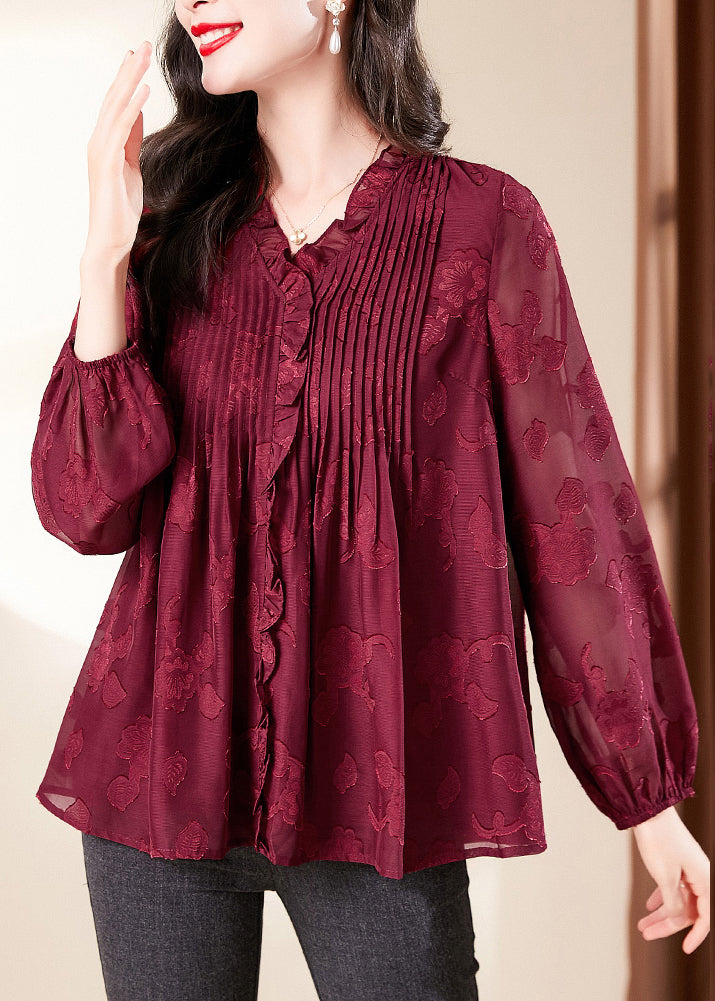 Fashion Red V Neck Ruffled Chiffon Shirt Long Sleeve OP1065