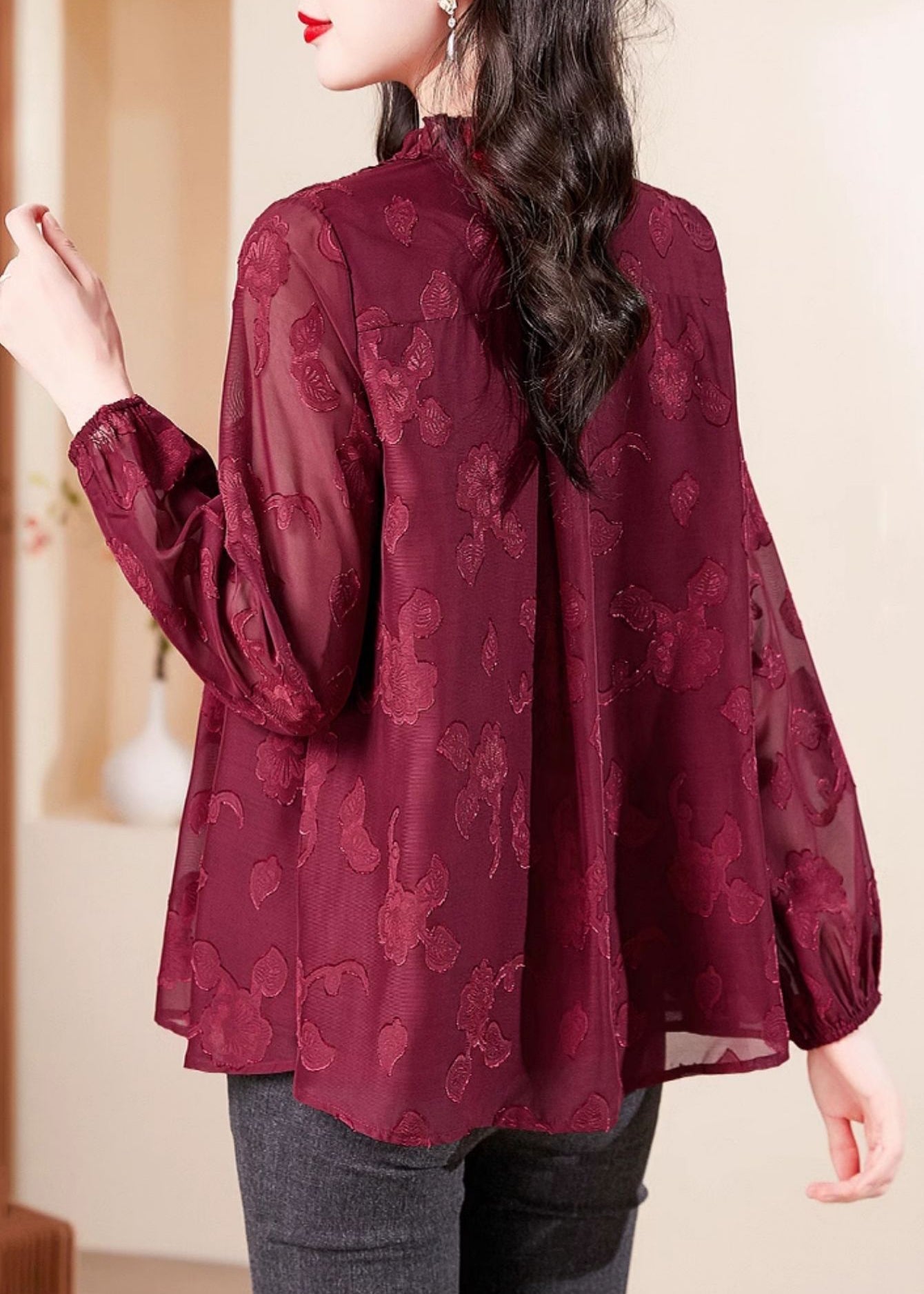 Fashion Red V Neck Ruffled Chiffon Shirt Long Sleeve OP1065