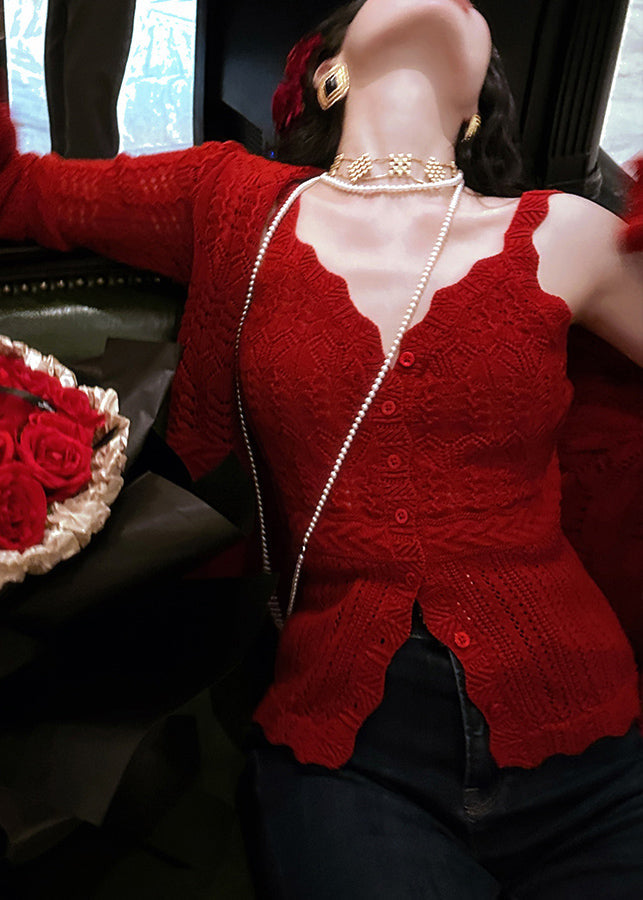 Fashion Red V Neck Tank And Cardigans Knit Two Pieces Set Fall WN013