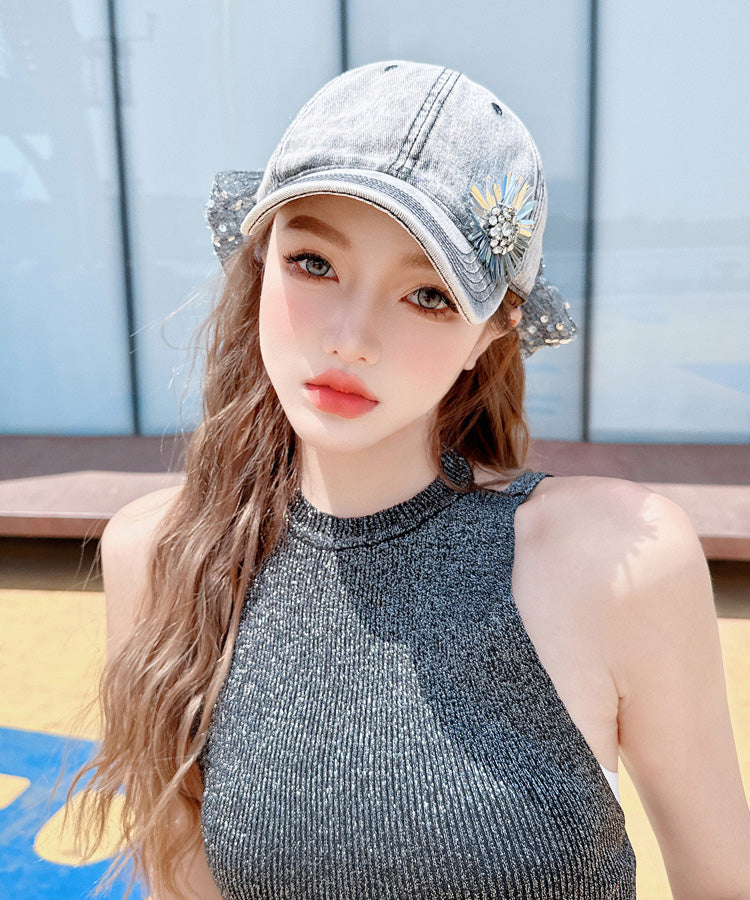 Casquette de baseball à paillettes et strass, polyvalente et tendance, avec nœud