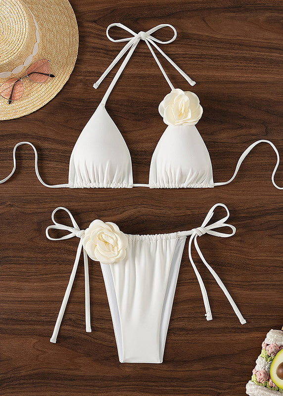 Fashion Sexy White Floral Lace Up Bikini Swimsuit Set VC020