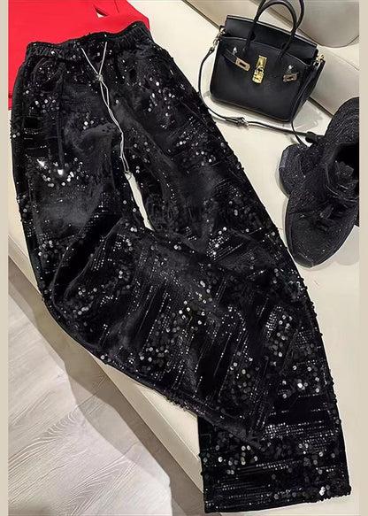 Pantalon droit à taille élastique à paillettes argentées tendance printemps BV041