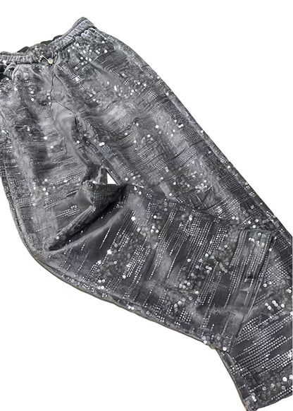 Pantalon droit à taille élastique à paillettes argentées tendance printemps BV041