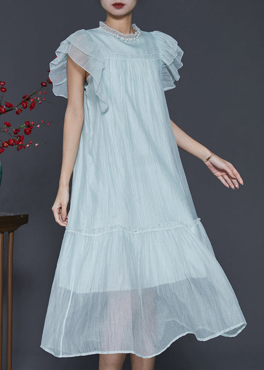 Fashion Sky Blue Ruffled Silk Maxi Dresses Summer SD1099