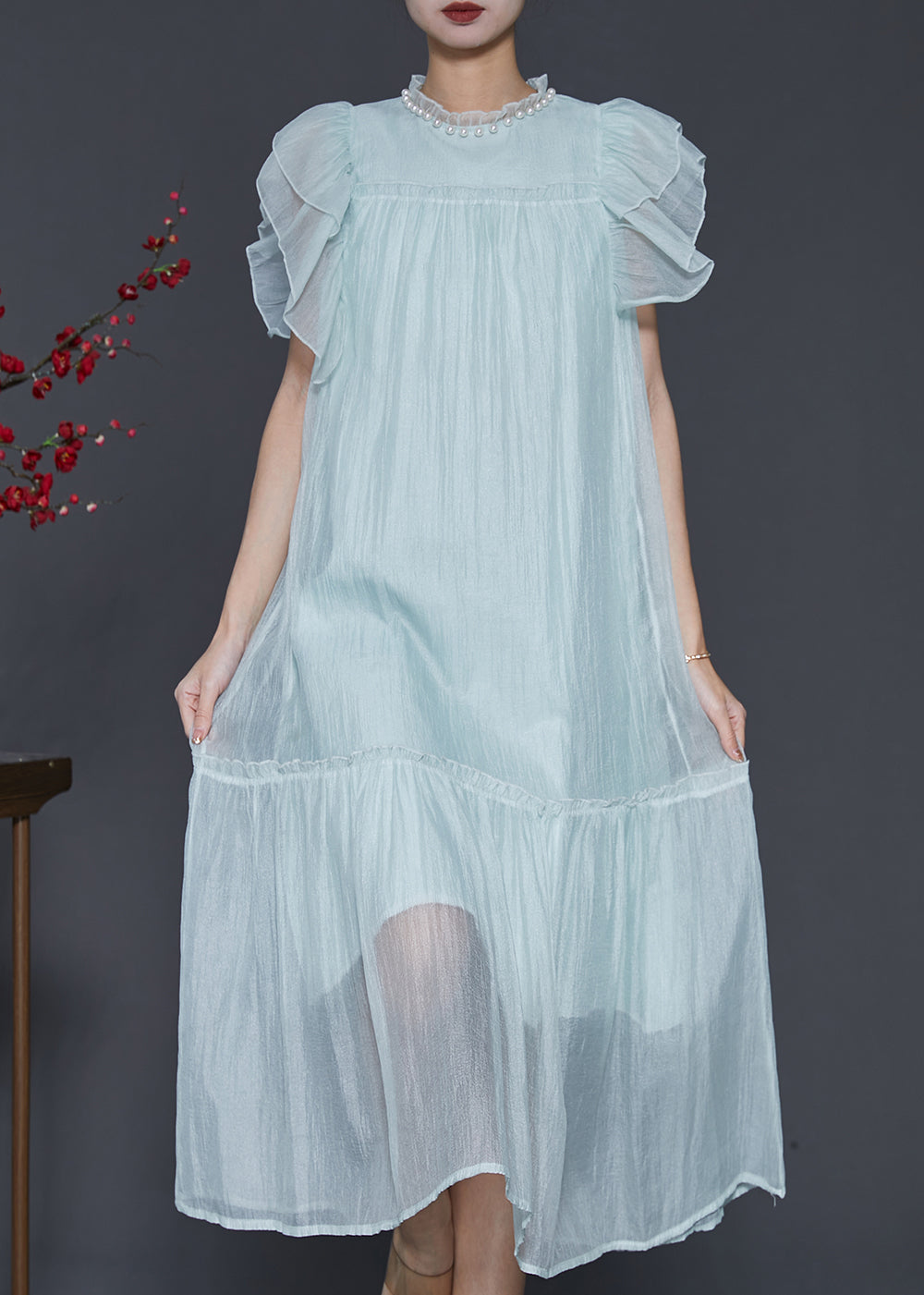 Fashion Sky Blue Ruffled Silk Maxi Dresses Summer SD1099