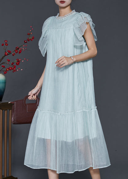 Robe longue en soie à volants bleu ciel tendance pour l'été SD1099