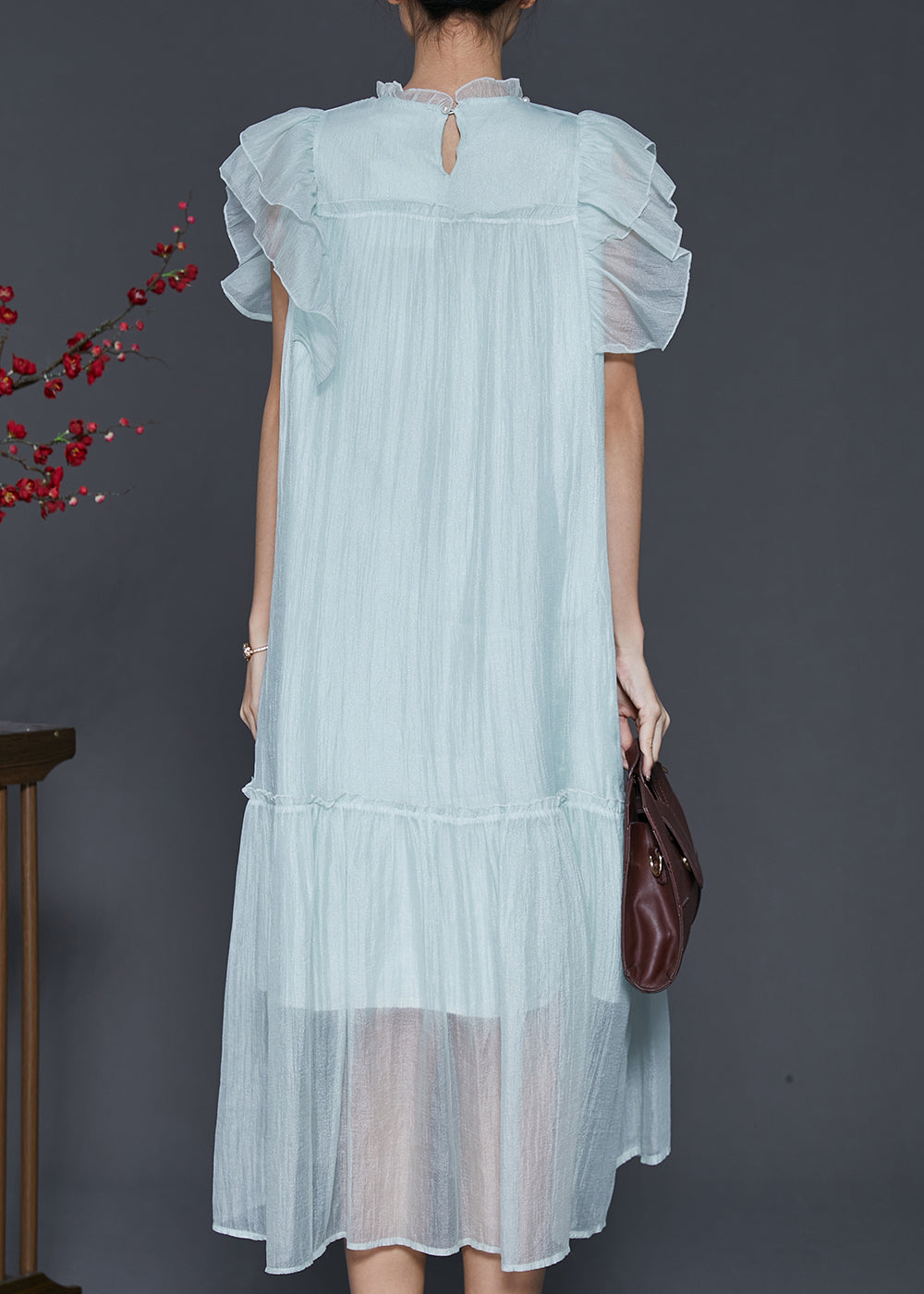 Fashion Sky Blue Ruffled Silk Maxi Dresses Summer SD1099