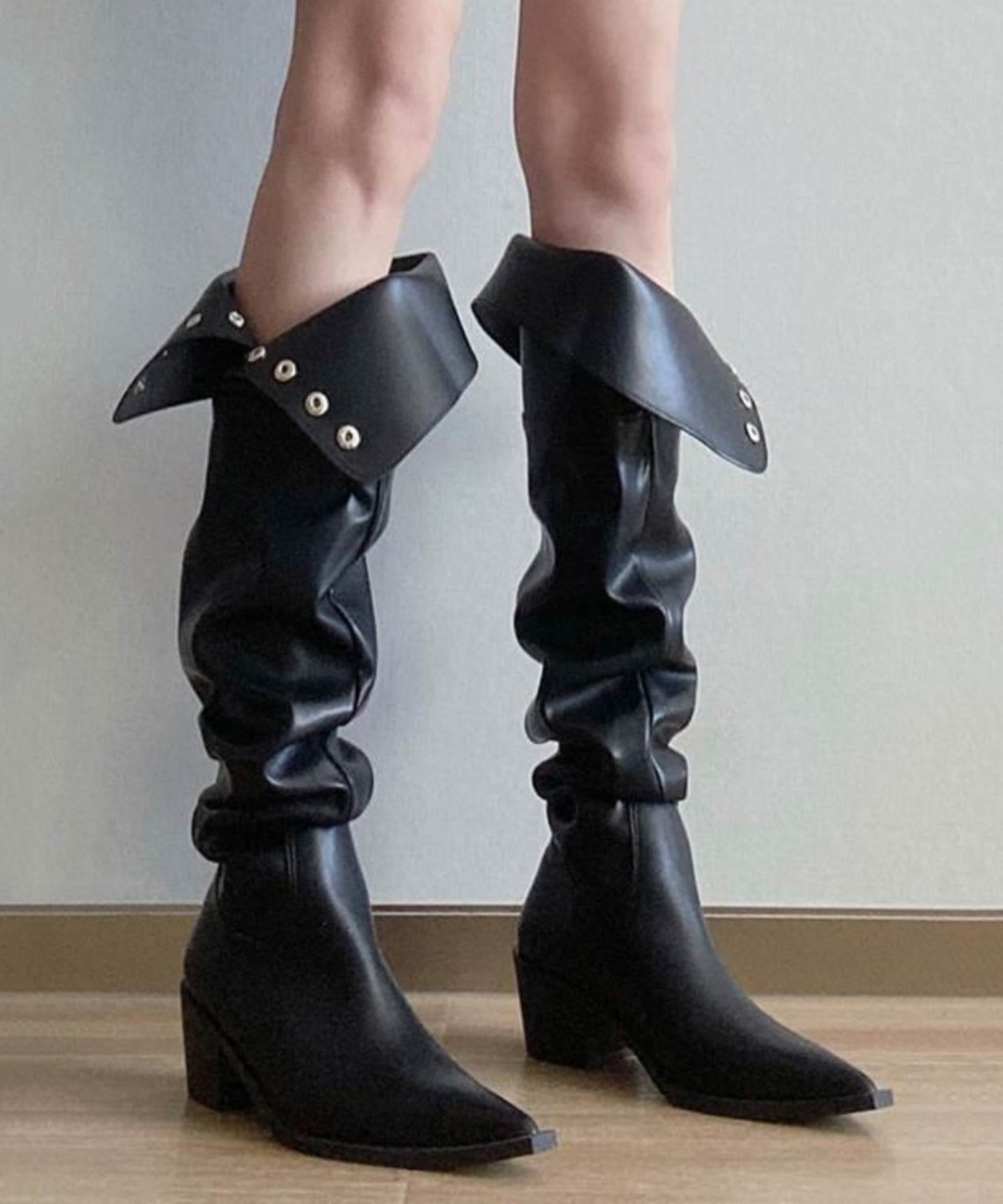 Fashion Splicing Chunky Knee Boots Black Faux Leather WT019