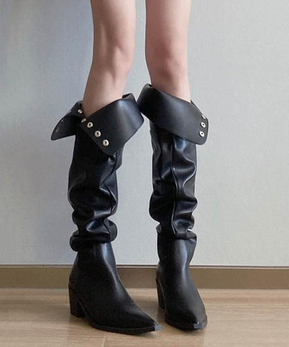 Bottes à talons épais et à la mode en similicuir noir WT019