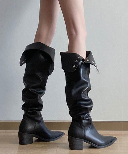 Bottes à talons épais et à la mode en similicuir noir WT019