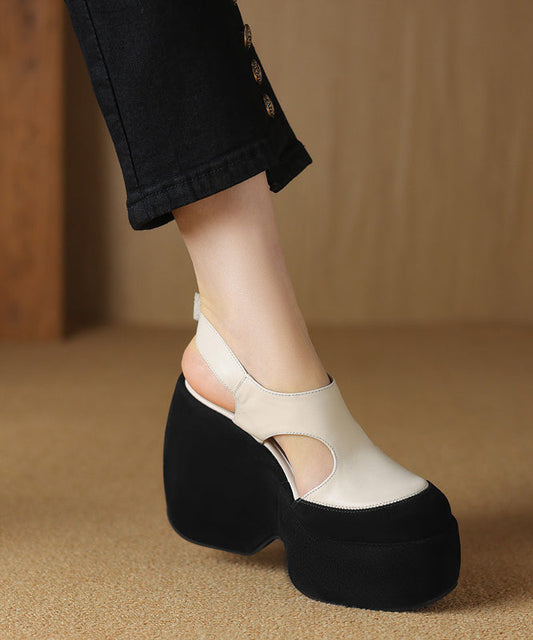 Cowhide White Leather Splicing Sandals Fashion Platform Hollow