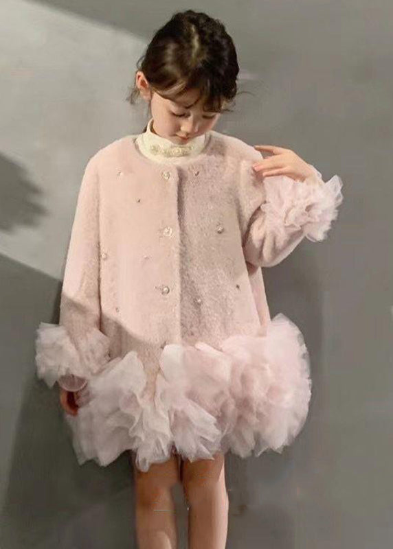 Robe mi-longue en tulle à col rond et boutons pour filles, tendance, blanche, patchwork, hiver WL021