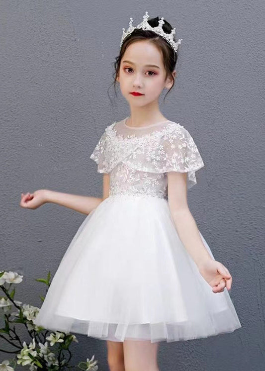 Mode Weiß O-Ausschnitt Bestickt Blumen Tüll Kinder Midi Kleid Sommer EW031