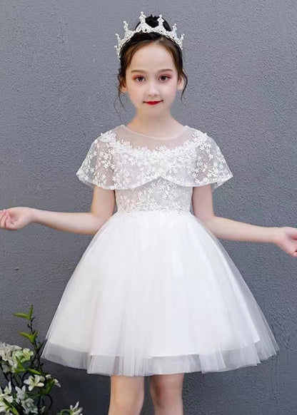 Robe mi-longue en tulle à fleurs brodées à col rond blanche pour enfants, été EW031