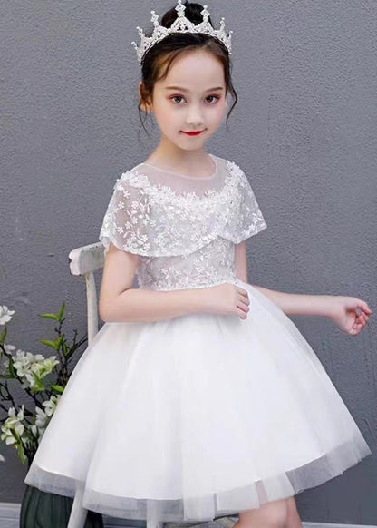 Robe mi-longue en tulle à fleurs brodées à col rond blanche pour enfants, été EW031