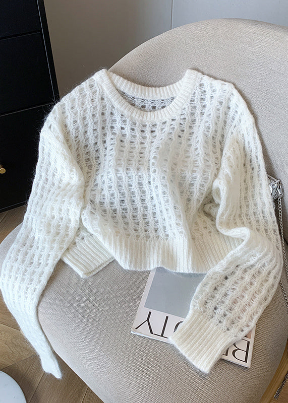 Fashion White O Neck Hollow Out Knit Pullover Fall QI045