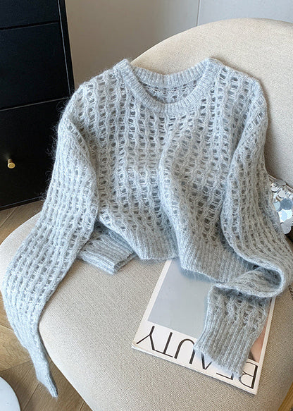 Pull en tricot blanc à col rond et ajouré tendance pour l'automne QI045