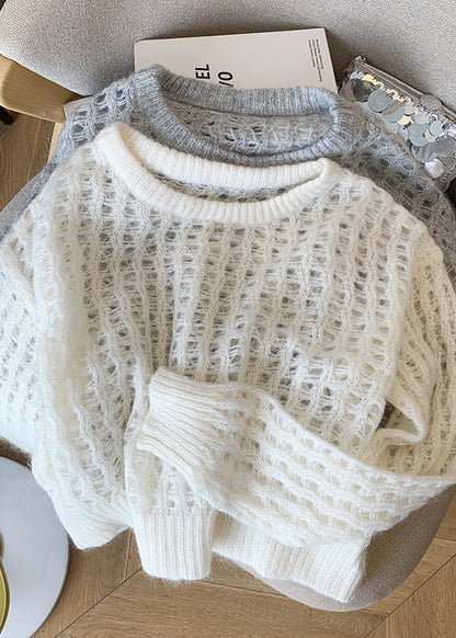 Pull en tricot blanc à col rond et ajouré tendance pour l'automne QI045