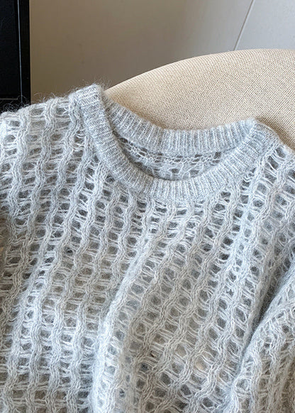 Pull en tricot blanc à col rond et ajouré tendance pour l'automne QI045