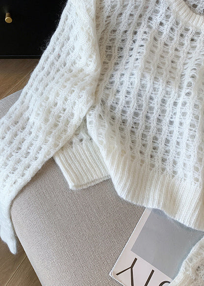 Pull en tricot blanc à col rond et ajouré tendance pour l'automne QI045