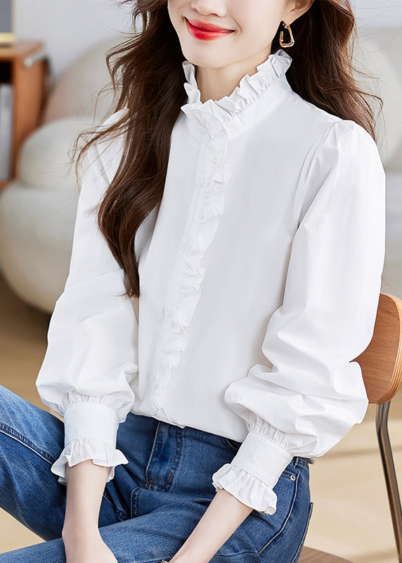 Fashion White Stand Collar Ruffled Patchwork Button Shirt Puff Sleeve QT010