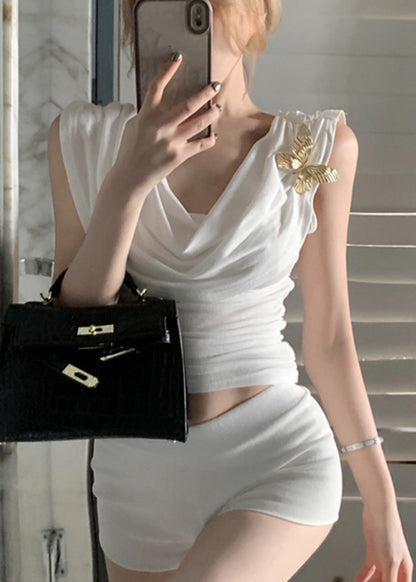 Gilet sans manches col tortue papillon décoré mode blanc