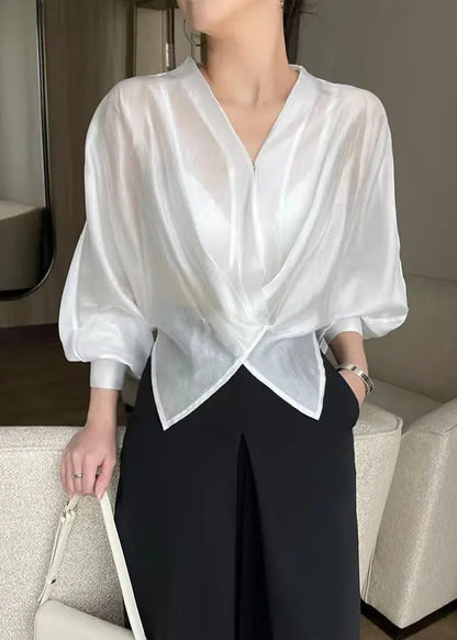 Fashion White V Neck Asymmetrical Silk Thin Shirts Spring Ada Fashion