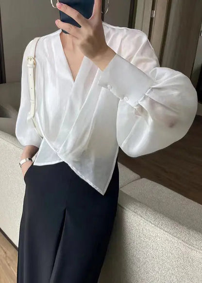 Fashion White V Neck Asymmetrical Silk Thin Shirts Spring Ada Fashion