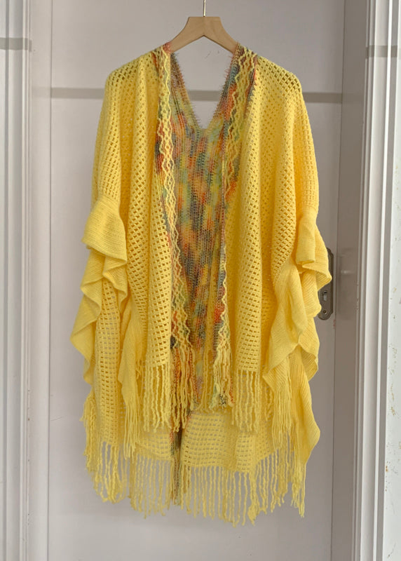 High Sleeve Knit Tassel Fashion Shawl Design Low Yellow Batwing