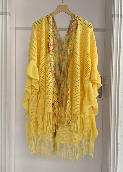 High Sleeve Knit Tassel Fashion Shawl Design Low Yellow Batwing