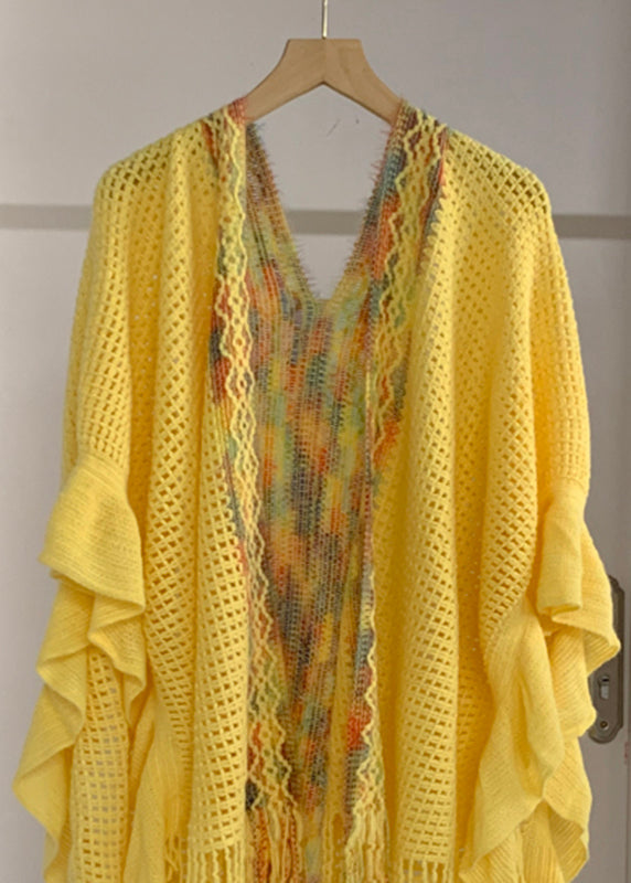 High Sleeve Knit Tassel Fashion Shawl Design Low Yellow Batwing