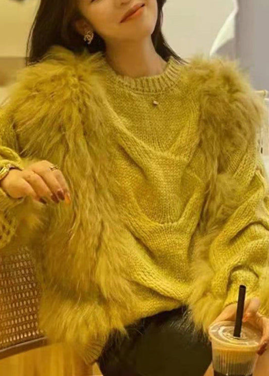 Cotton O-Neck Yellow Sweaters Fluffy Fuzzy Fur Knit Fashion Cozy