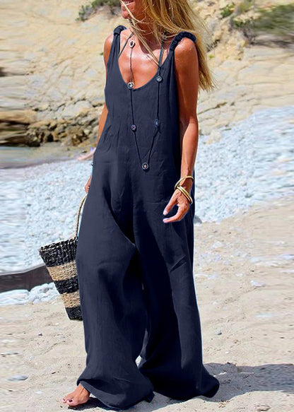 leg Side Jumpsuit Wide Button Navy Female Blue Sleeveless