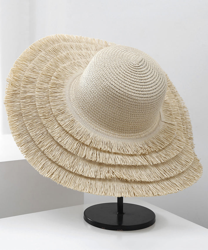 Beige Sunshade Hat Straw Edge Tassel Woven Big Summer Female